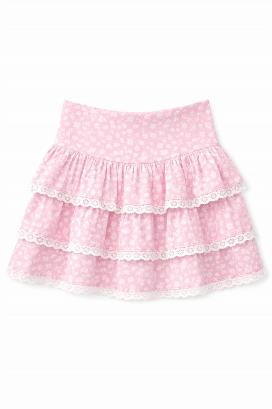 NEW KATIE J NYC girl's tween melody printed drop waist lace trim skirt in pink d